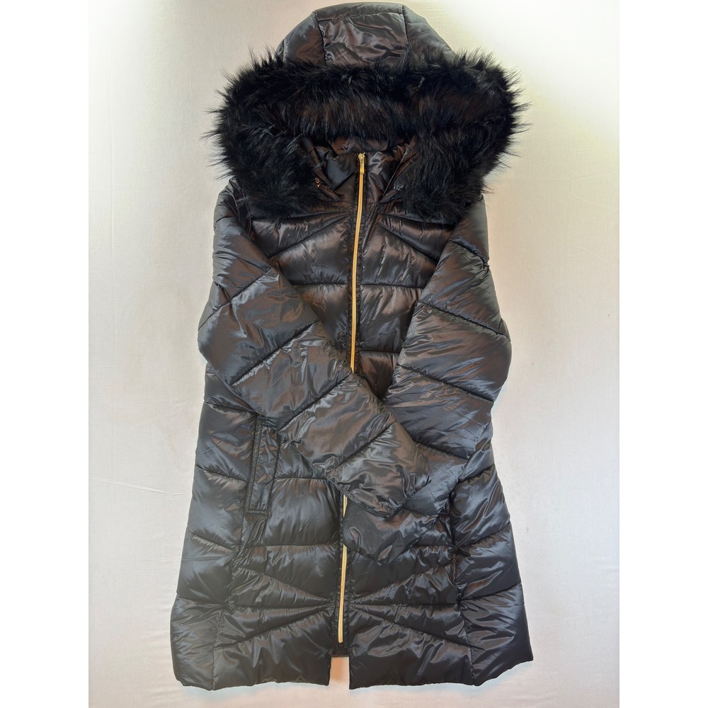 Cole Haan Signature Black Puffer Coat Faux Fur Hood Long Winter Jacket Womens M